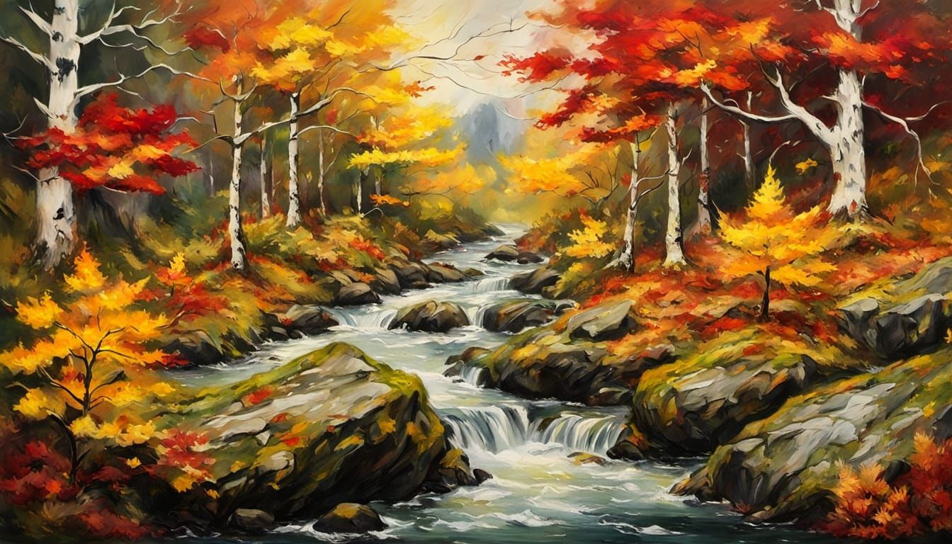 Encaustic Oil Painting of Autumn Leaves in Whirlwind