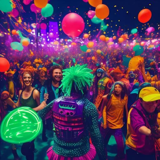 Joyful Carnival Crowd Dancing at Sunset in Bosch Style