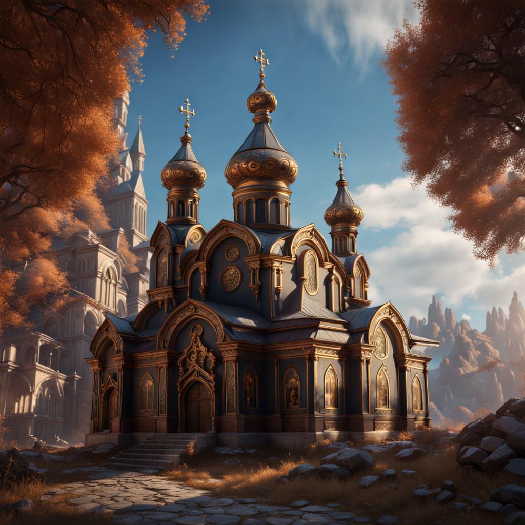Fantastical Orthodox Church Matte Painting in Deep Color