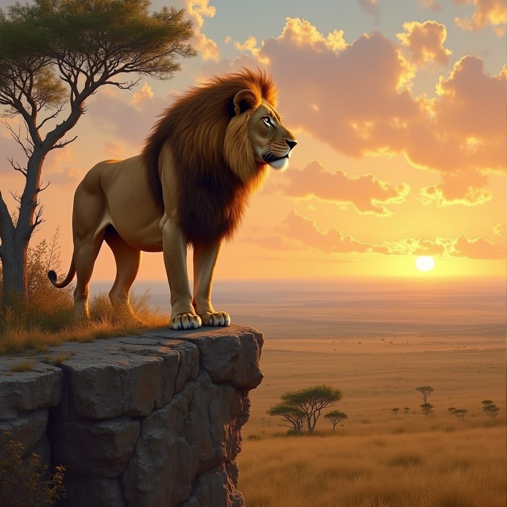 Lion on Savanna at Sunset in Naturalistic Style