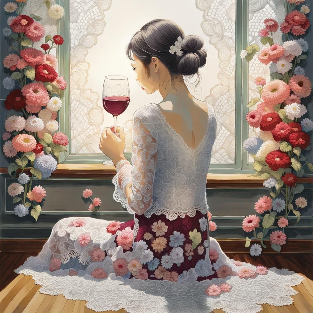 Woman in Floral Room, Photorealistic Masterpiece