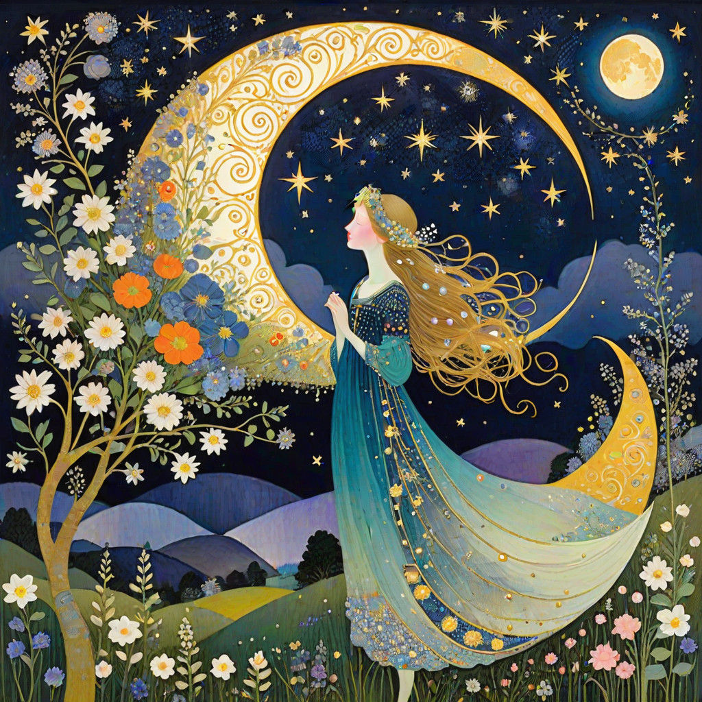 Glowing Crescent Moon in Art Nouveau Style