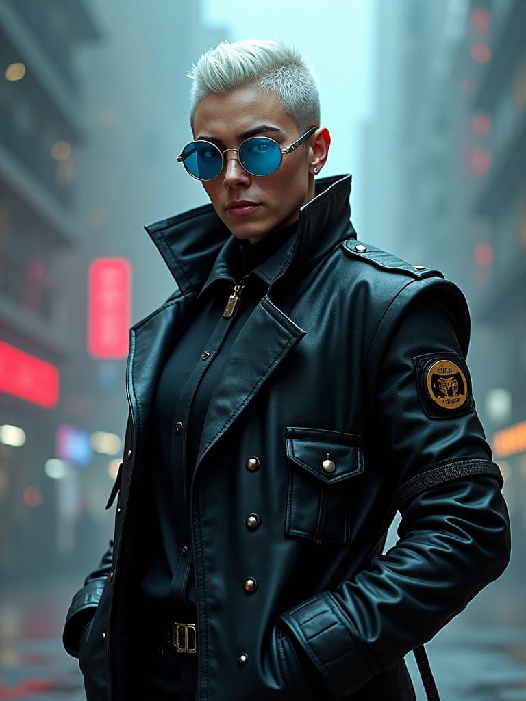 Muscular Trans Woman in Dystopian Cityscape