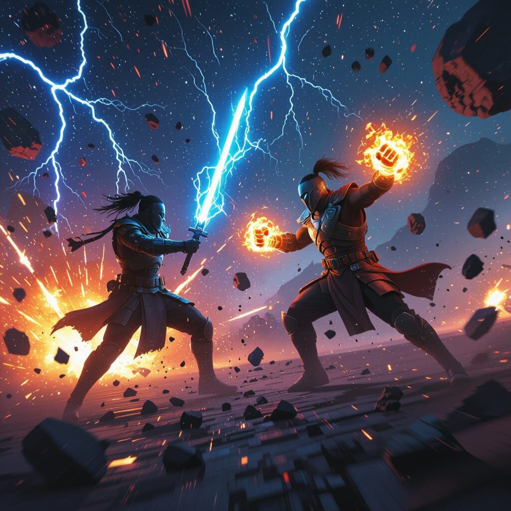 Cosmic Battle: Energy Blade vs. Fire Fists in Space