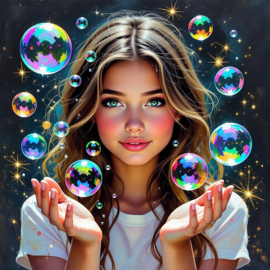 Mystic Bubbles Surround Teen Vika: Renaissance Oil Painting