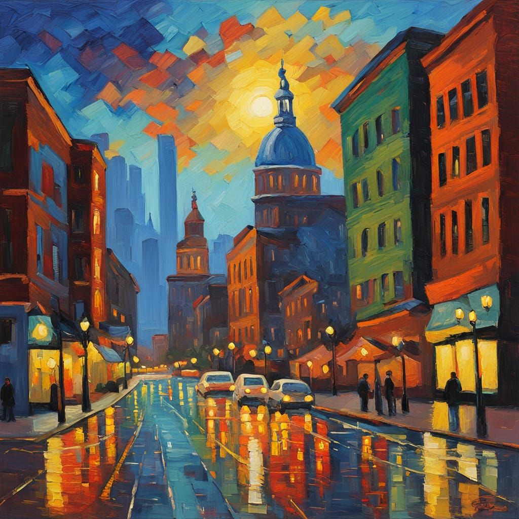 Indianapolis Cityscape at Dusk in Neo-Impressionist Style