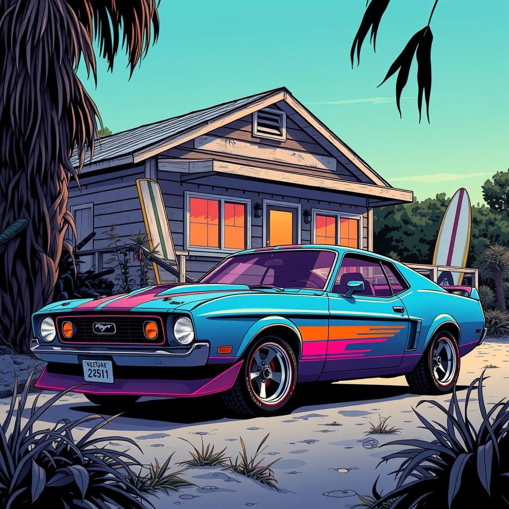 Neon Dream Mustang on Weathered Beach House