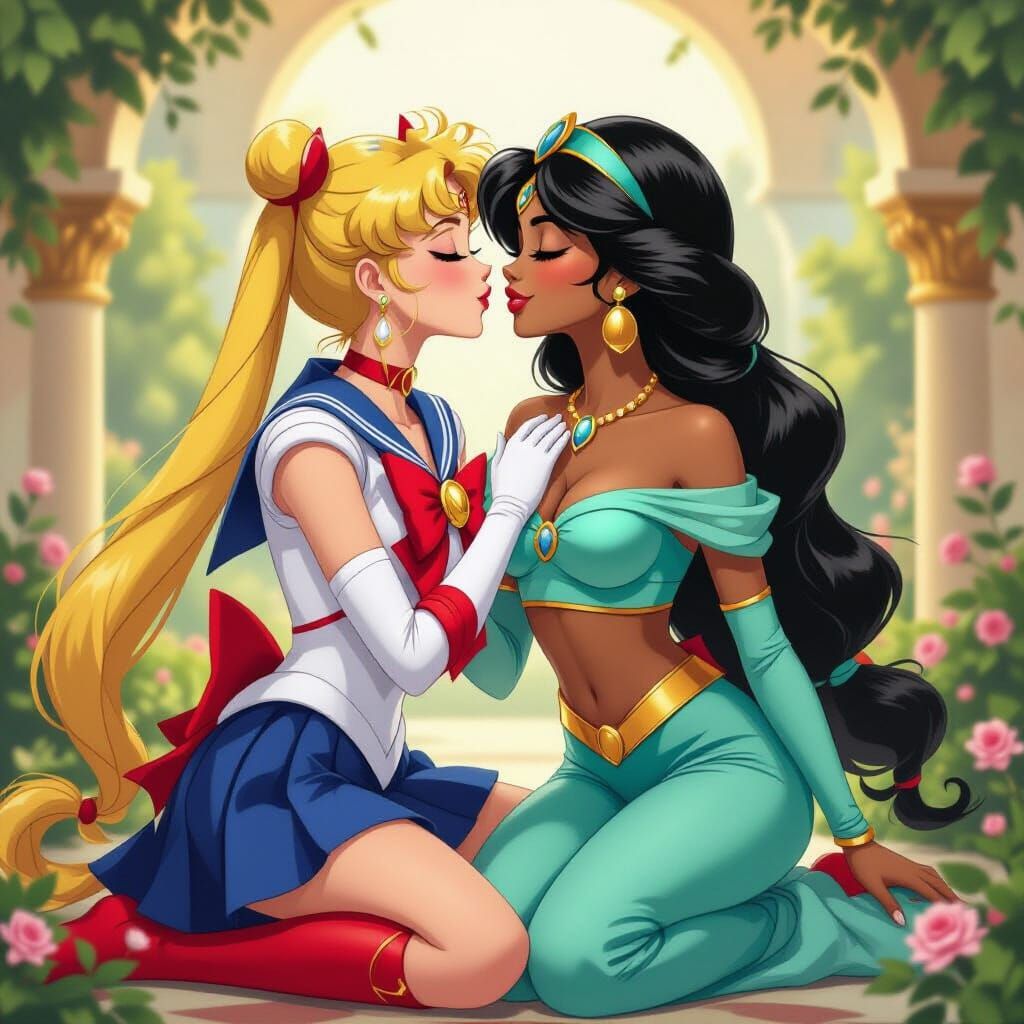 Sailor Moon and Princess Jasmine Kiss in Renaissance Style