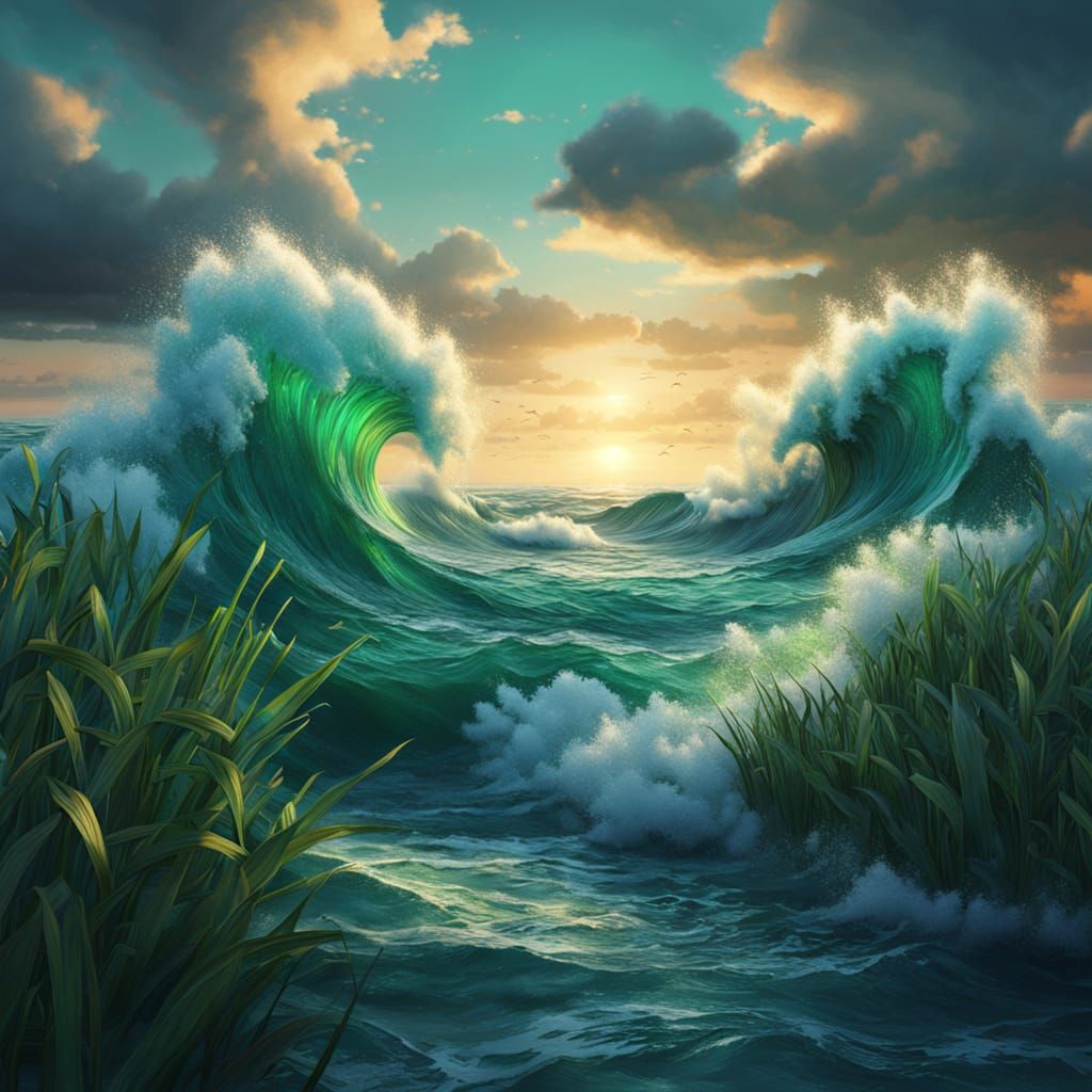 Vast Sea of Reeds with Crashing Waves - Fantasy Art