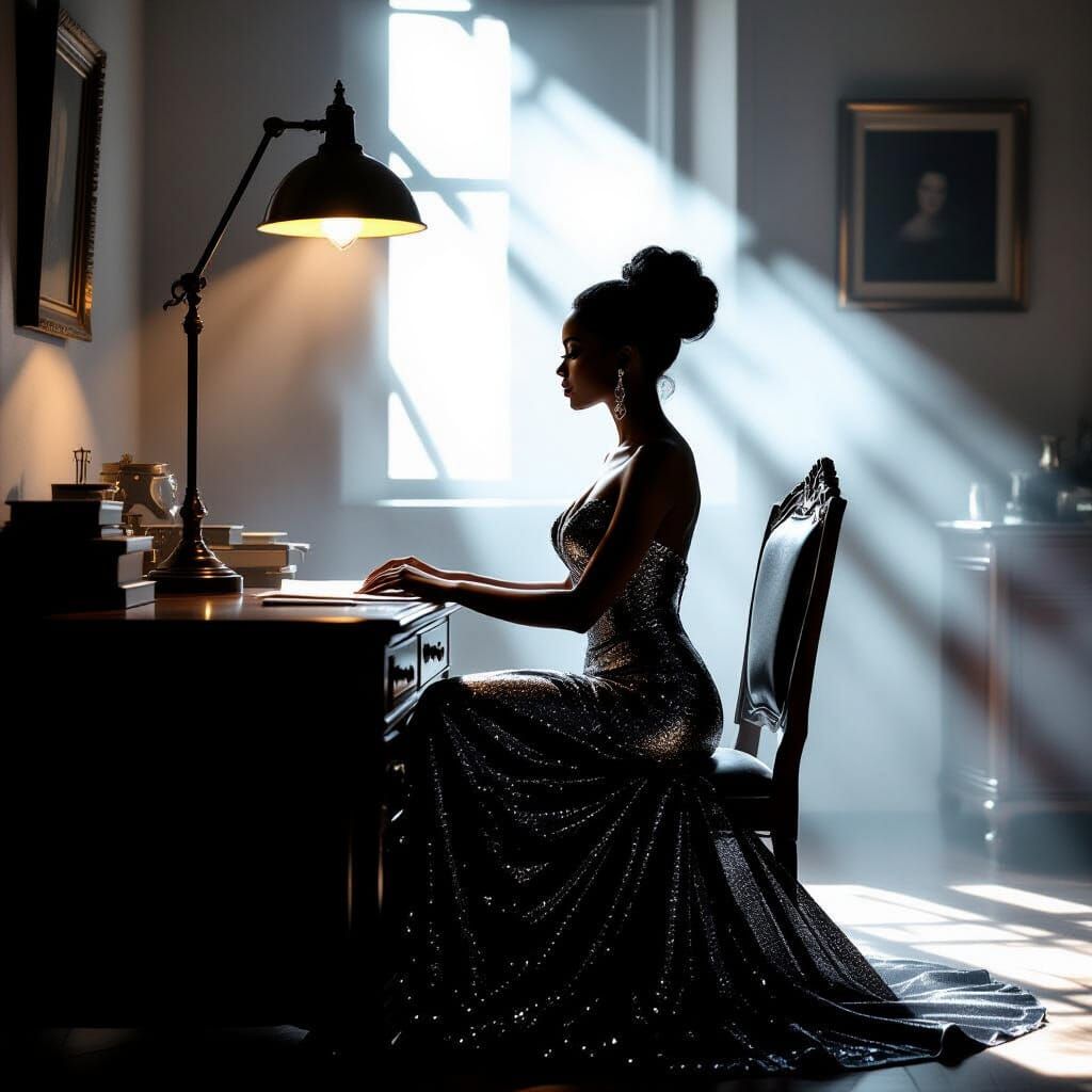 Black Woman in Crystal Dress in Moody Study