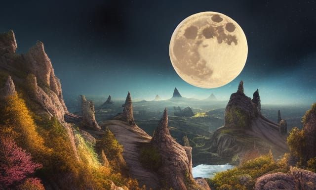 Magical Moonrise in Hyperrealistic Matte Painting