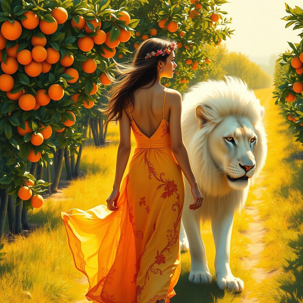 Ethereal Serenity: Young Lady and Majestic White Lion in Gol...