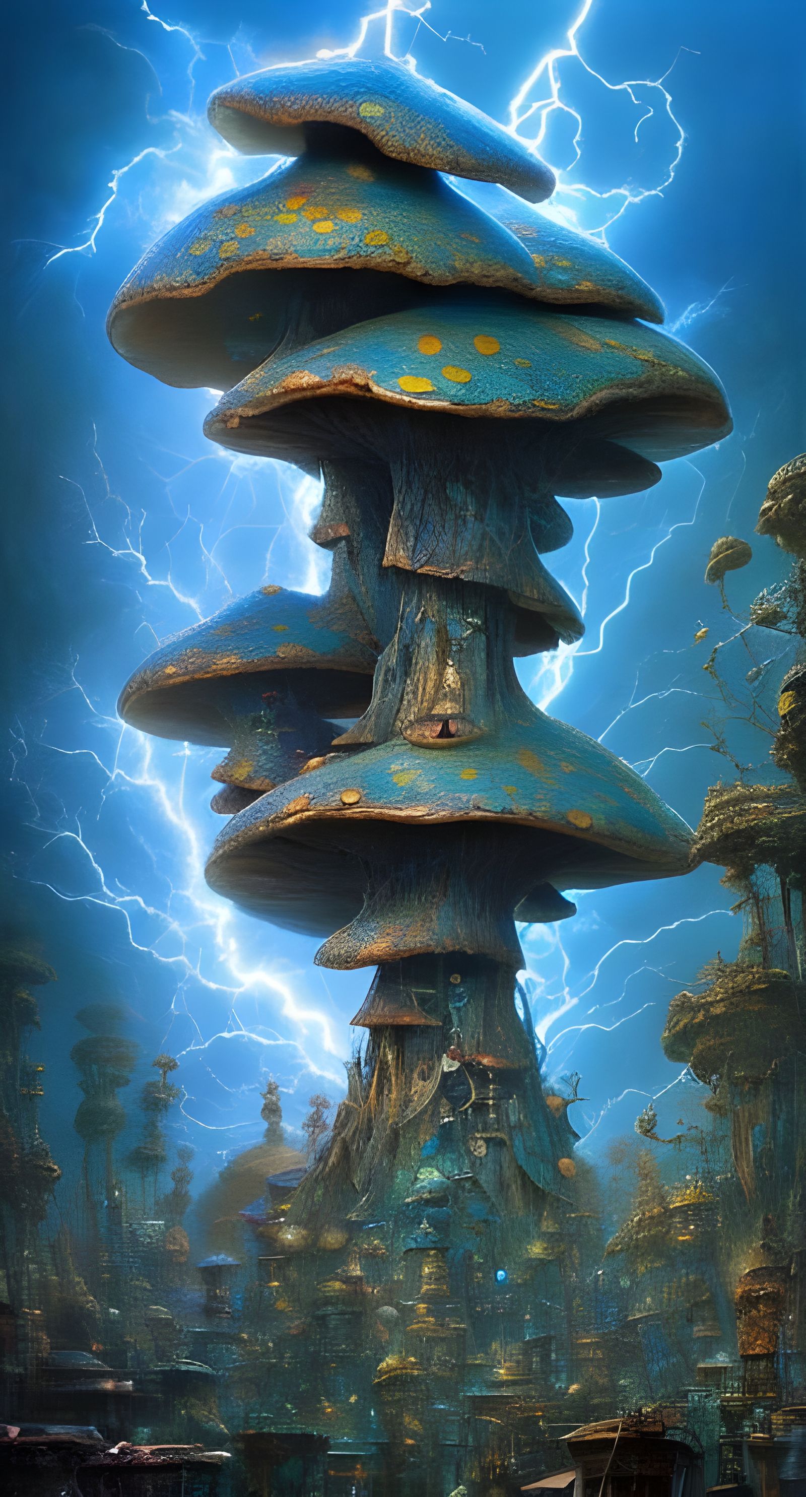 Blue Toadstool Metropolis in Lightning Storm Wonderland