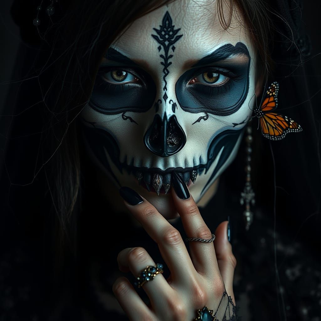 Gothic Woman with Skull Face Paint and Silver Eyes