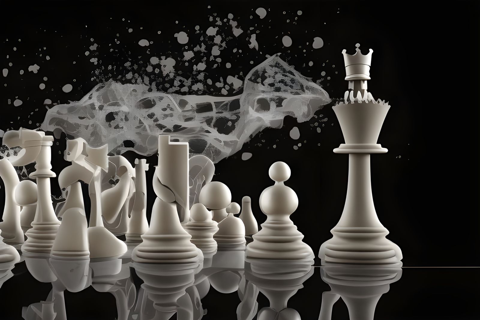 Surreal Melting Chess Pieces in Post-Apocalyptic Landscape