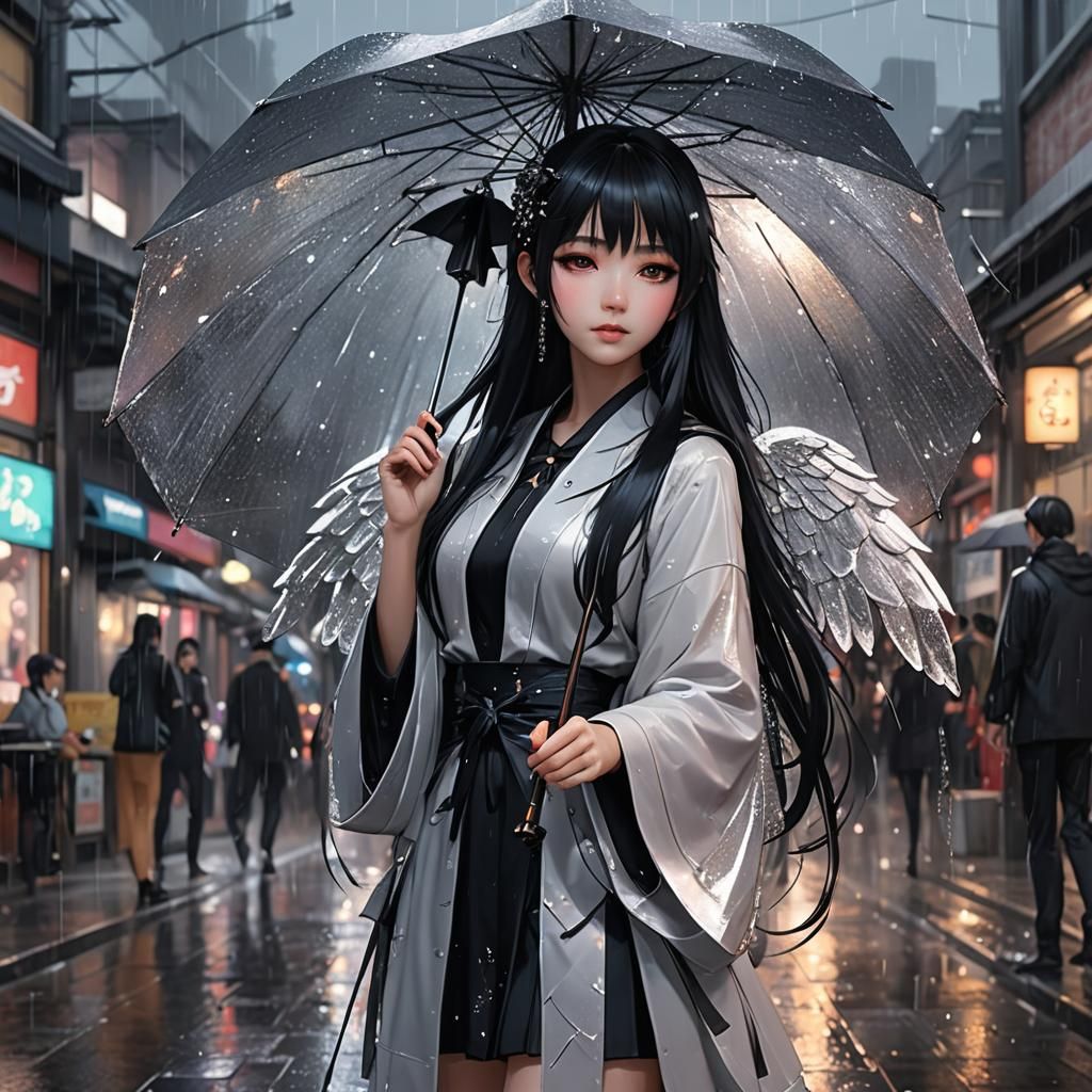 Anime Girl with Angel Wings in Goth Style