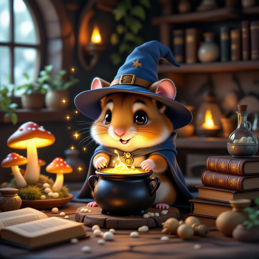 Cute Hamster Wizard in Cozy Laboratory