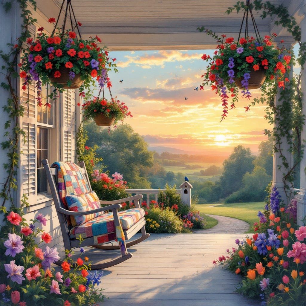 Whimsical Southern Porch Oasis in Soft Watercolor Style