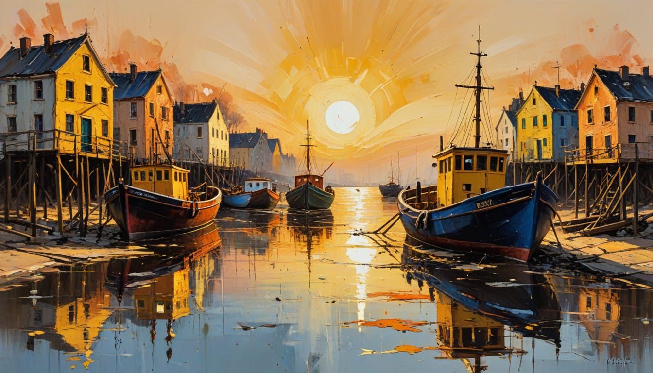 Vibrant Harbour Scene at Low Tide in Expressive Mixed Media