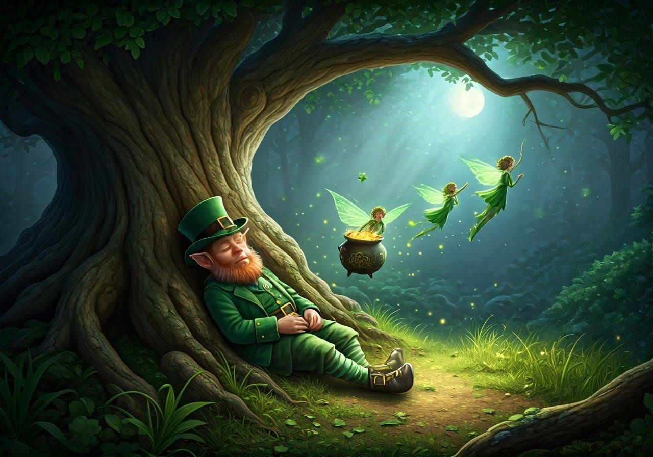 Whimsical Leprechaun Scene in Dreamlike Oil on Canvas