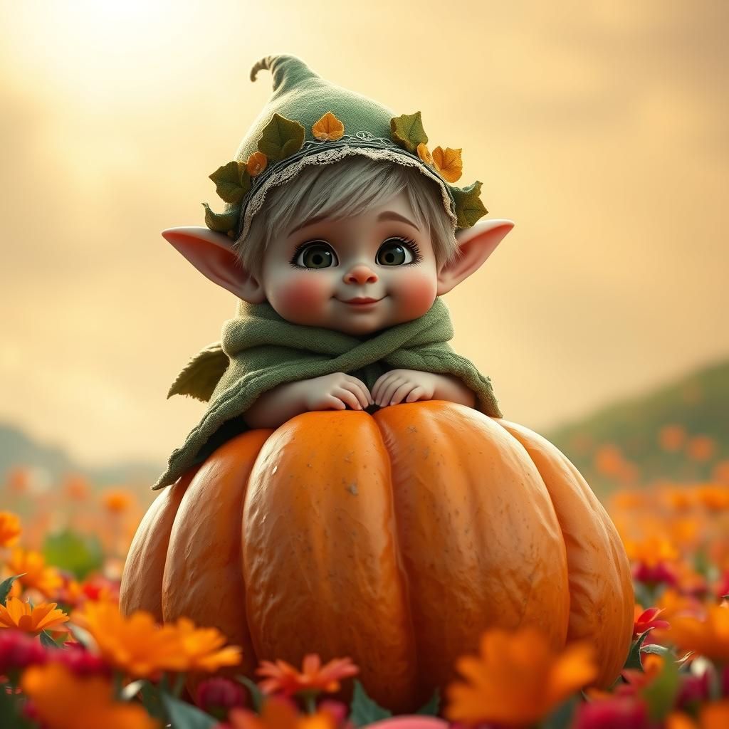 Adorable Troll Girl on Pumpkin, 3D Digital Art