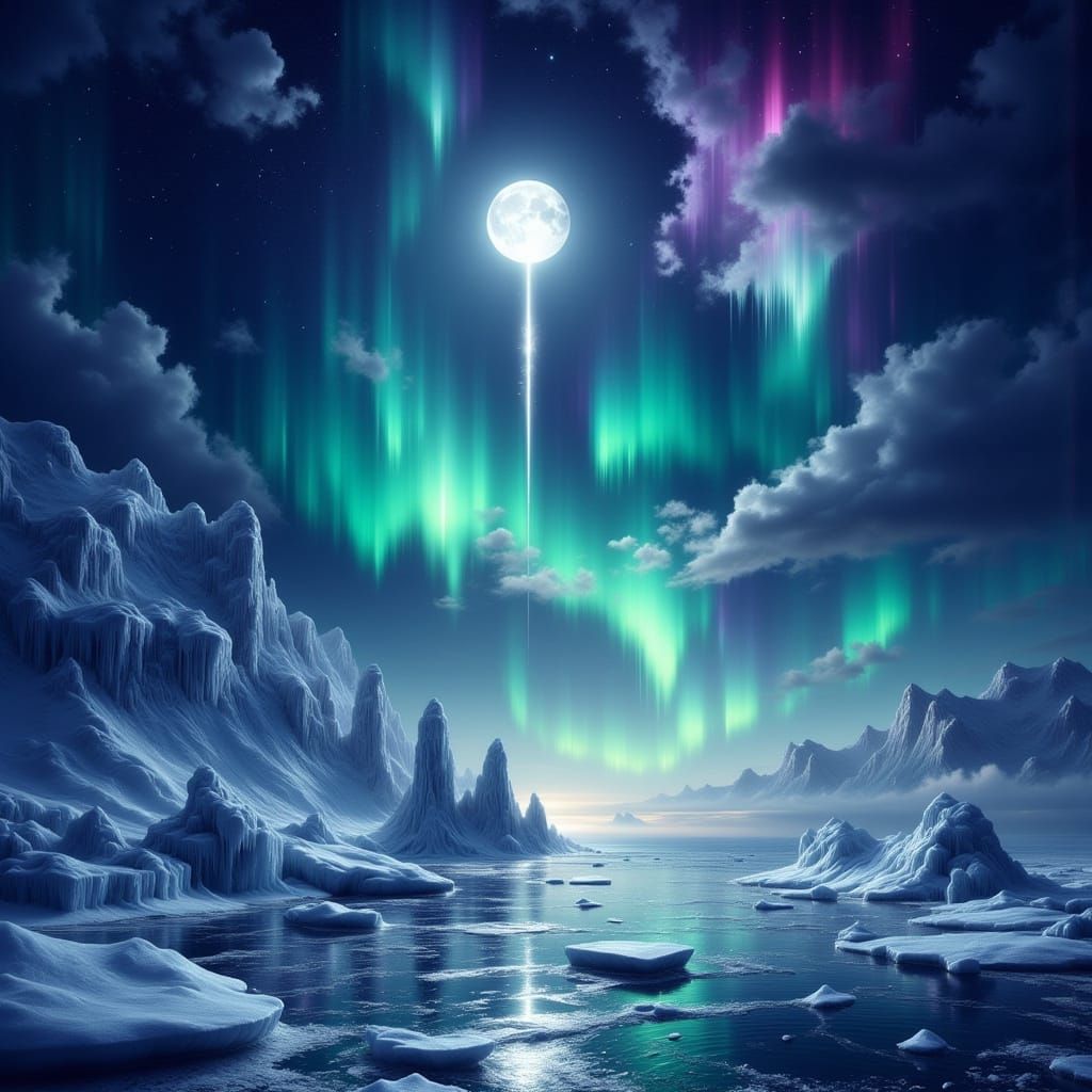 Full Moon Pierced by Aurora Over Icy Expanse