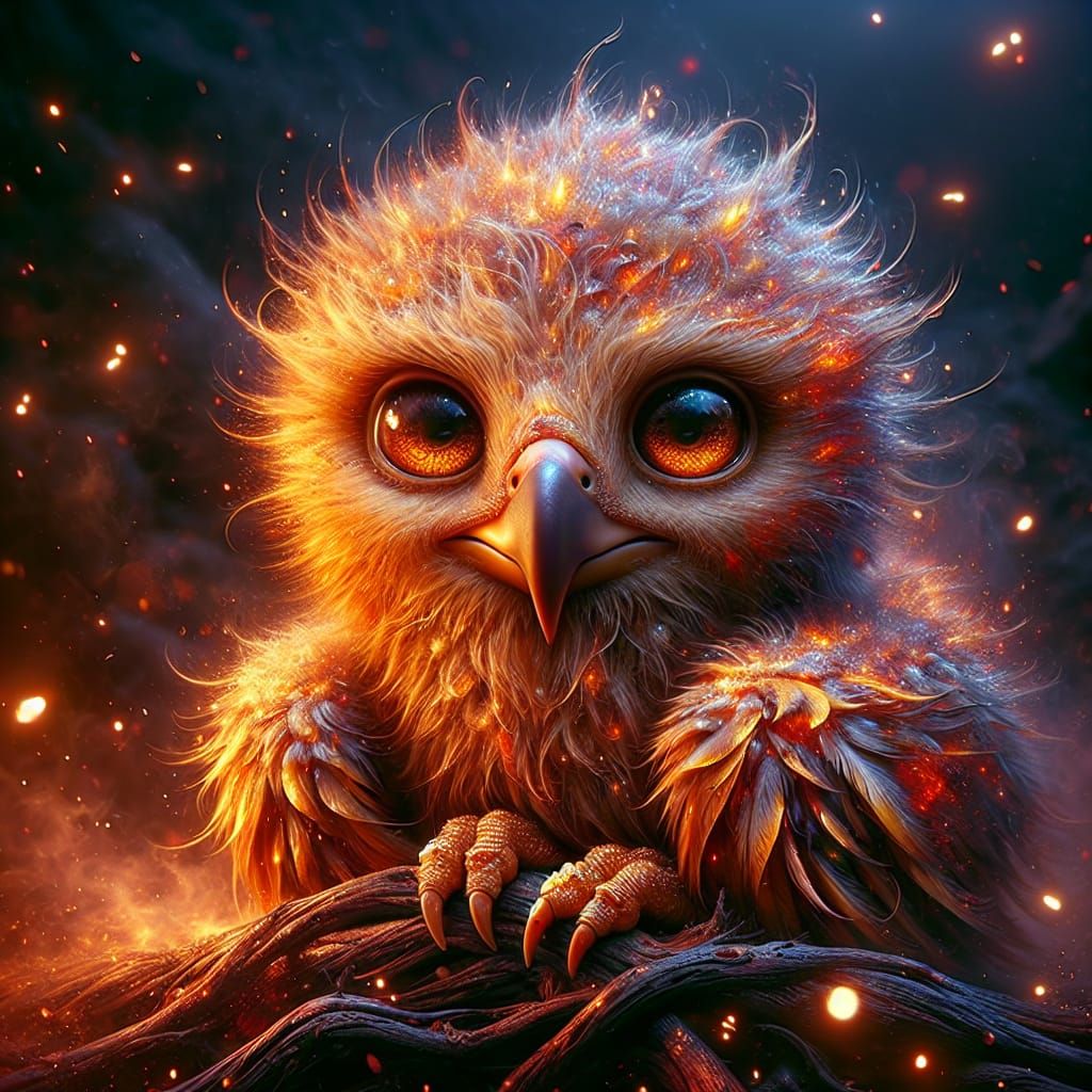 Golden Fire Griffin Baby in Misty Mountains: Digital Art