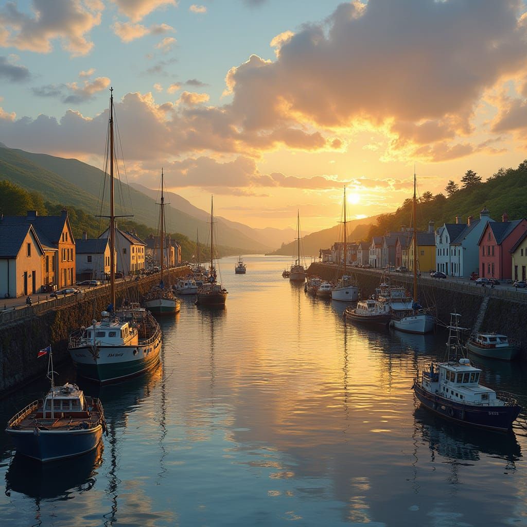 Photorealistic Scottish Harbour at Sunset