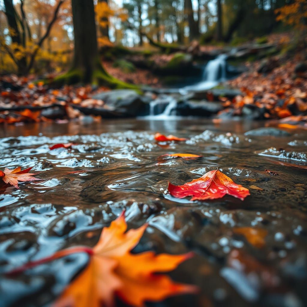 Autumn Leaves Reflected in Rippling Puddles