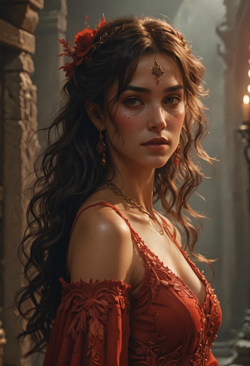 Woman in Red Dress: Hyperrealistic RPG Scene