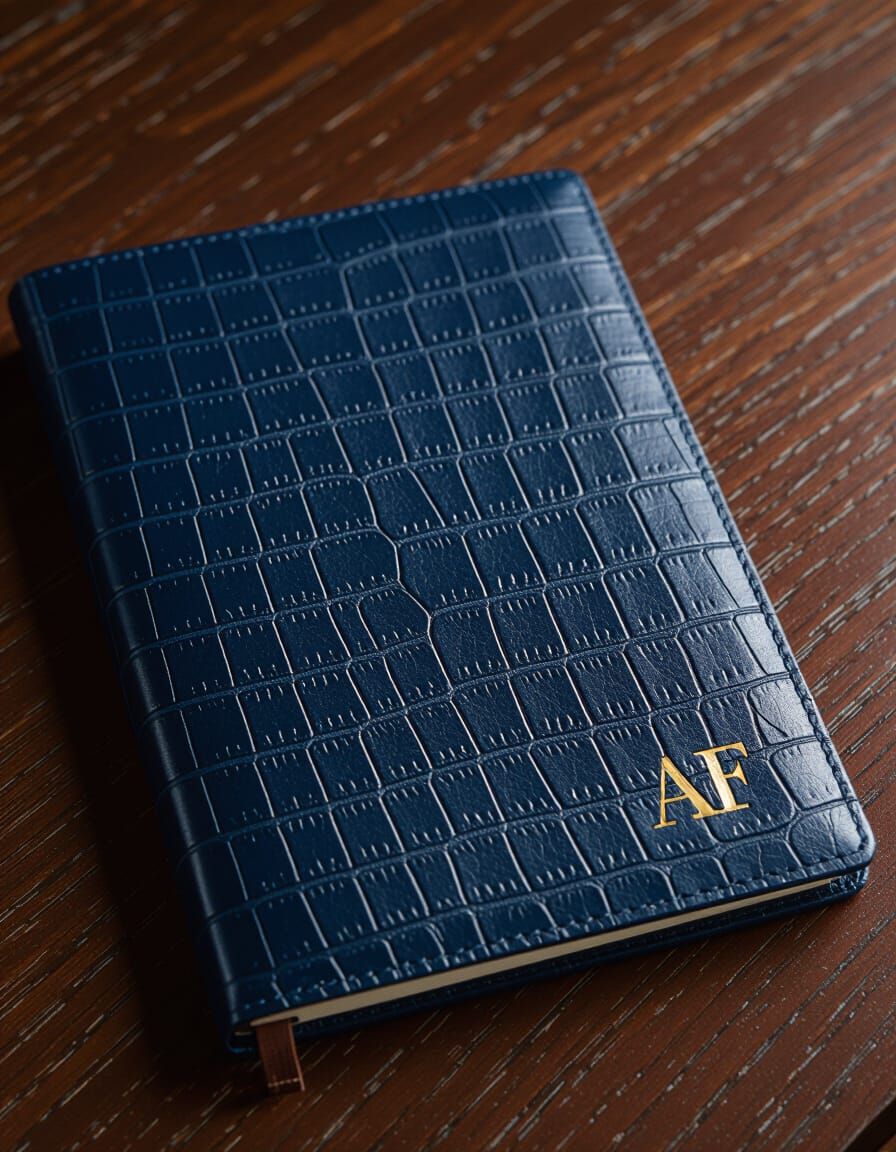Dark Blue Leather Notebook with Crocodile Texture