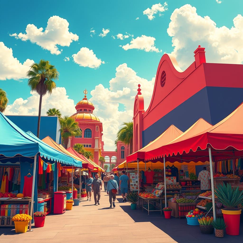 Vibrant Pop Art Scene of Thriving Market on Sun-Kissed Stree...
