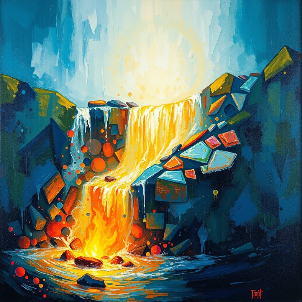 Fiery Waterfall Flows into Stream, Neo-Impressionist Style