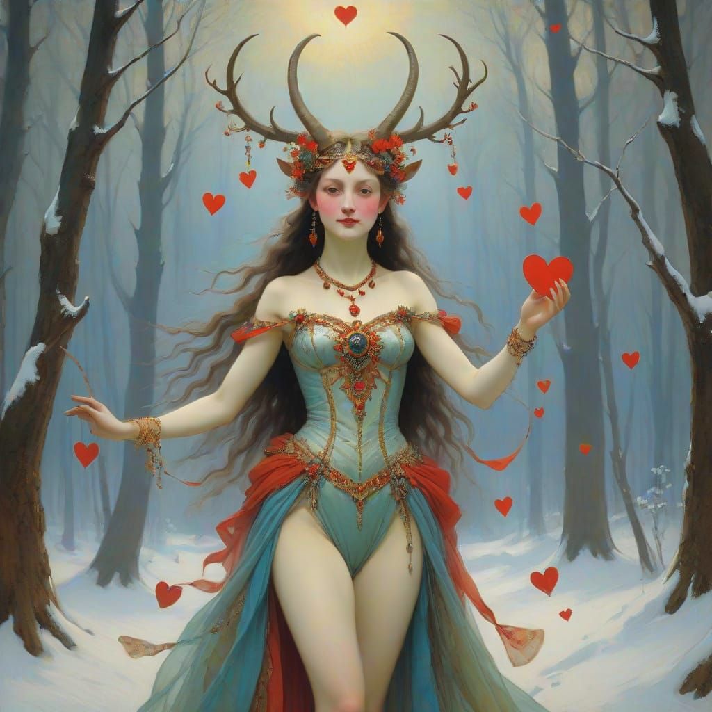 Vibrant Valentine Goddess Dances in Winter Forest