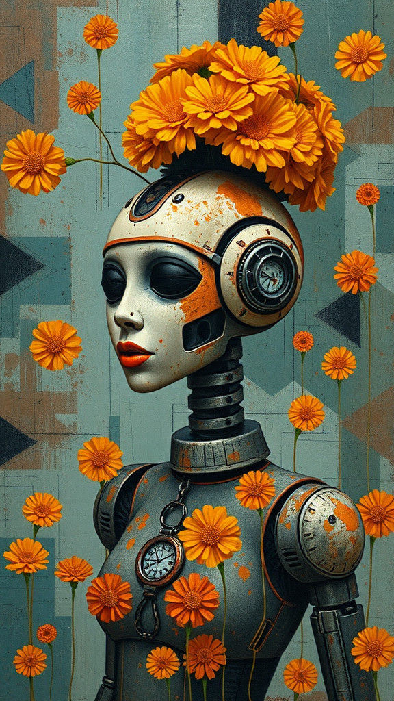 Robot Goddess Queen with Marigold Hair