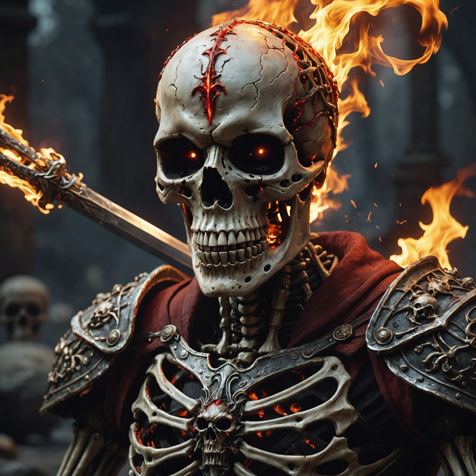 Fiery Skeleton Head in Dark Fantasy Style