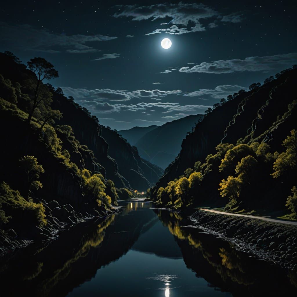 Moonlit River Gorge at Night