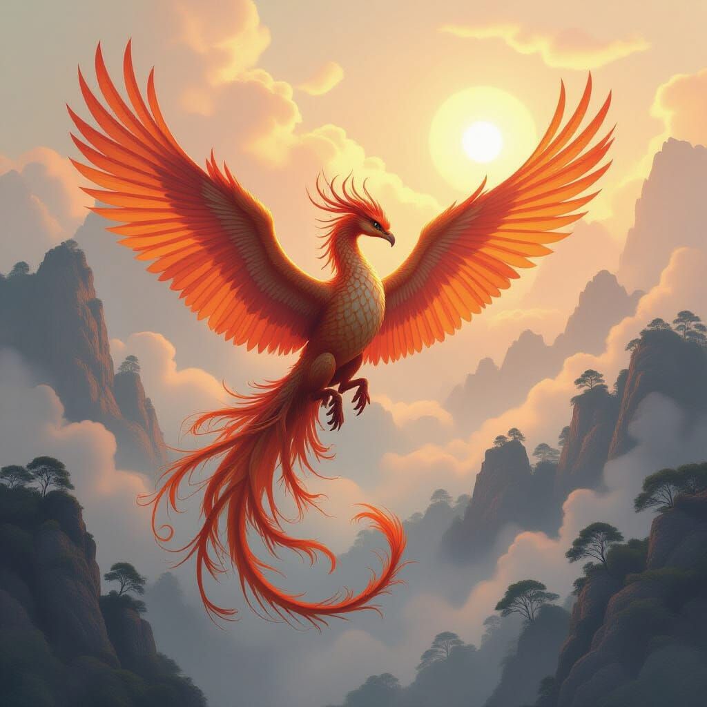 Dragon Phoenix Soaring in a Luminous Fantasy Landscape