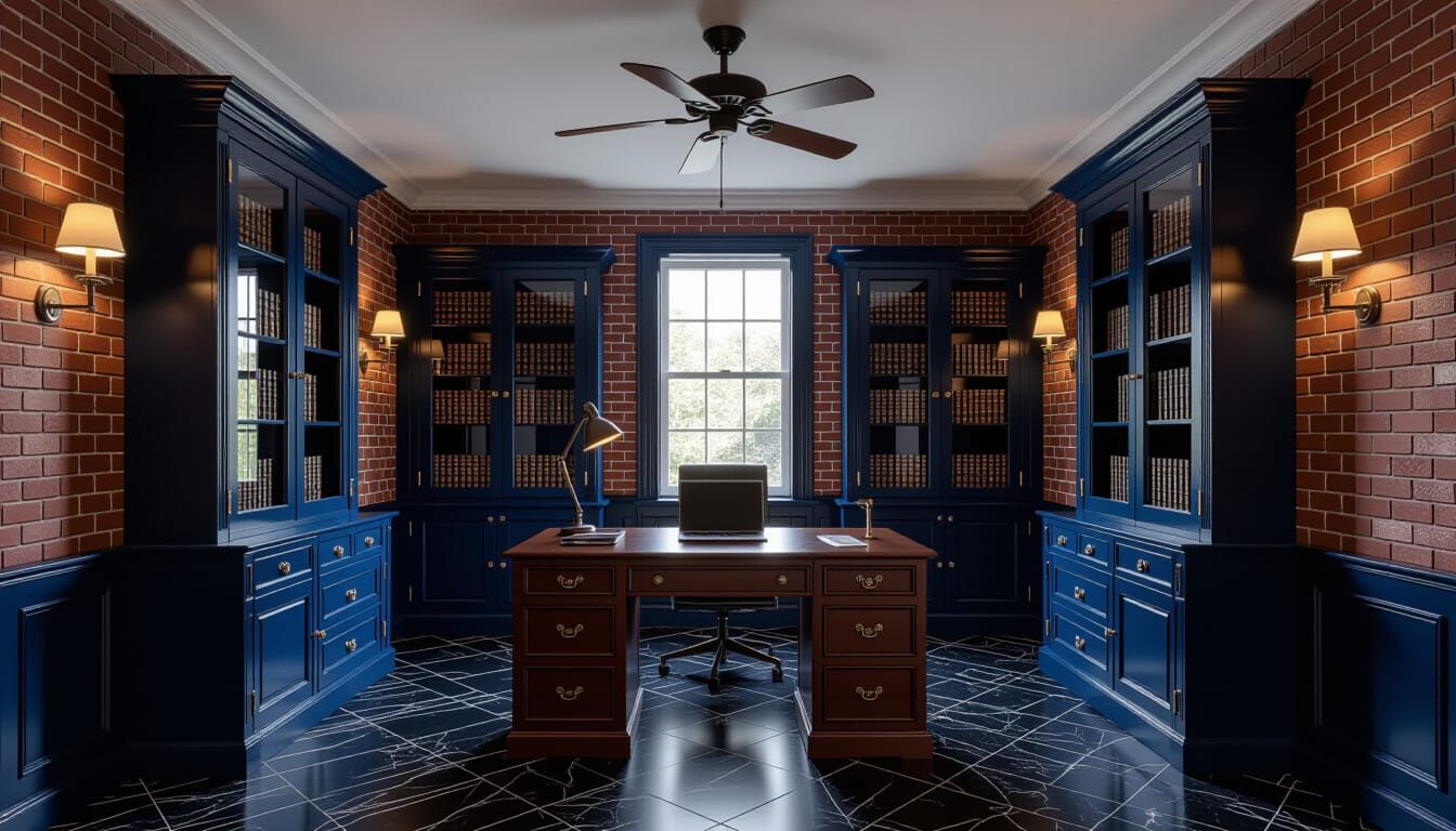 Vibrant Victorian Working Room with Dark Blue Cabinets
