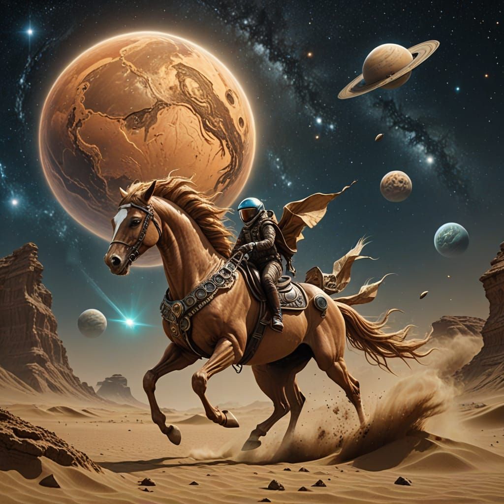 Small Alien Horses Galloping on Desert Planet Surface