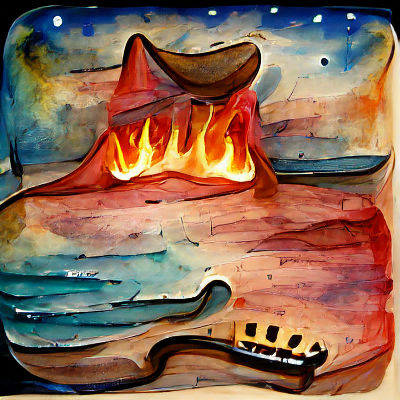 AI Image of Campfire, Guitar, Desert, and Watercolor