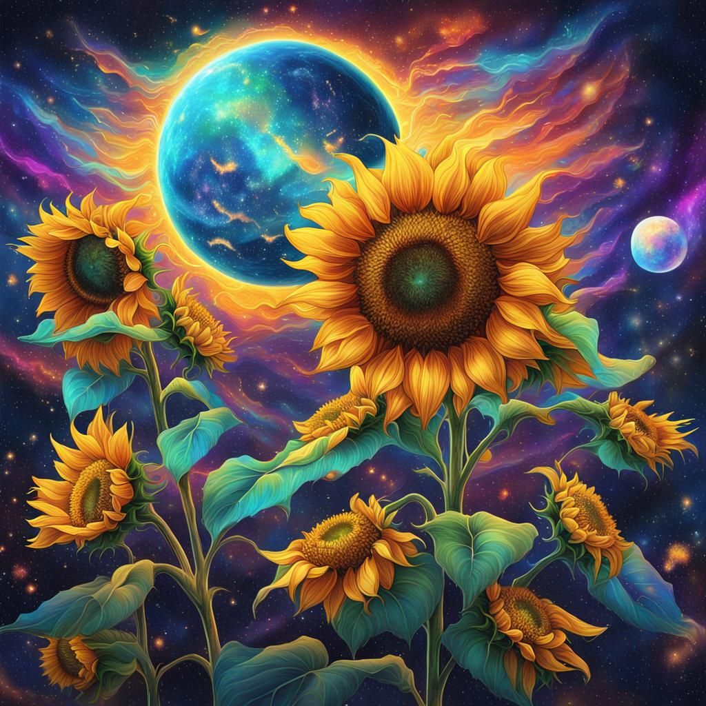 Astral Sunflowers in Holographic Mixed Media
