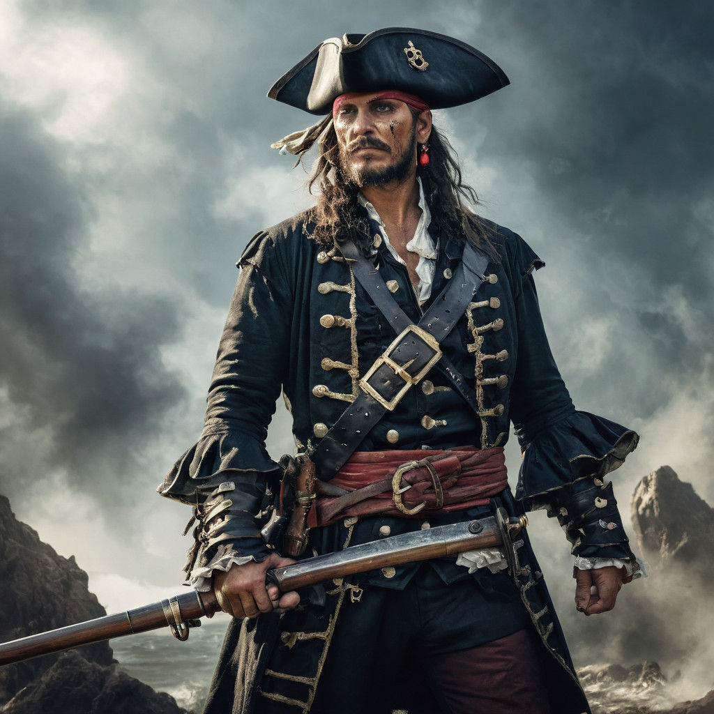 Vibrant Pirate in Regency-Style Attire Holds Ornate Musket