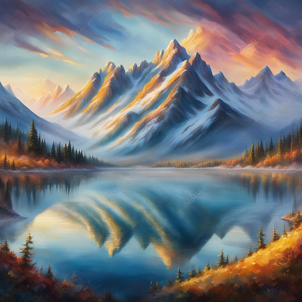Misty Mountains and Serene Lake in Surrealist Oil Painting