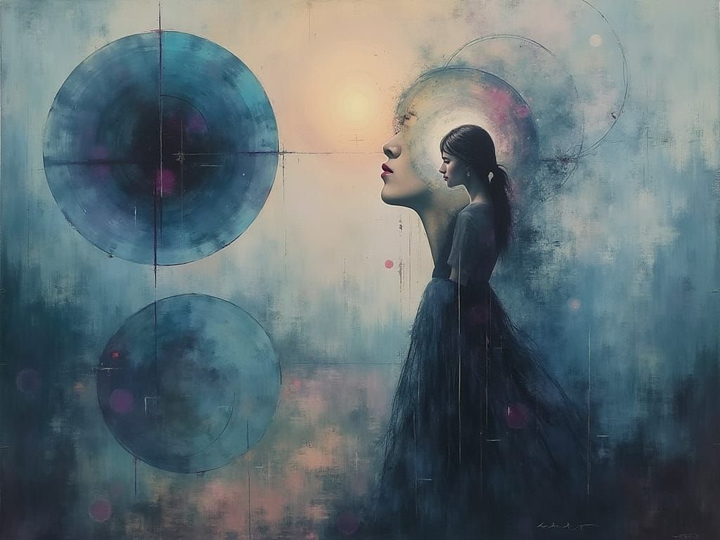 An abstract artwork representing introspection and self-reflection. The composition uses symbolic imagery such as mirror...