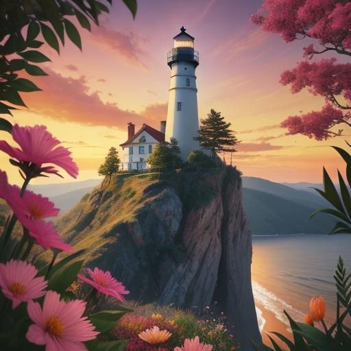 Tree Lighthouse on Beach at Sunset: Hyperrealistic Art