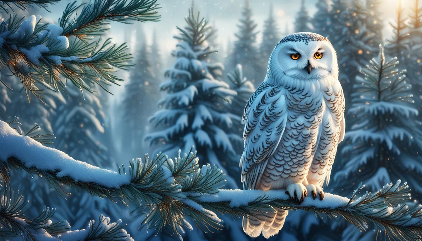 Snow Owl in Winter Landscape, Oil Painting Style