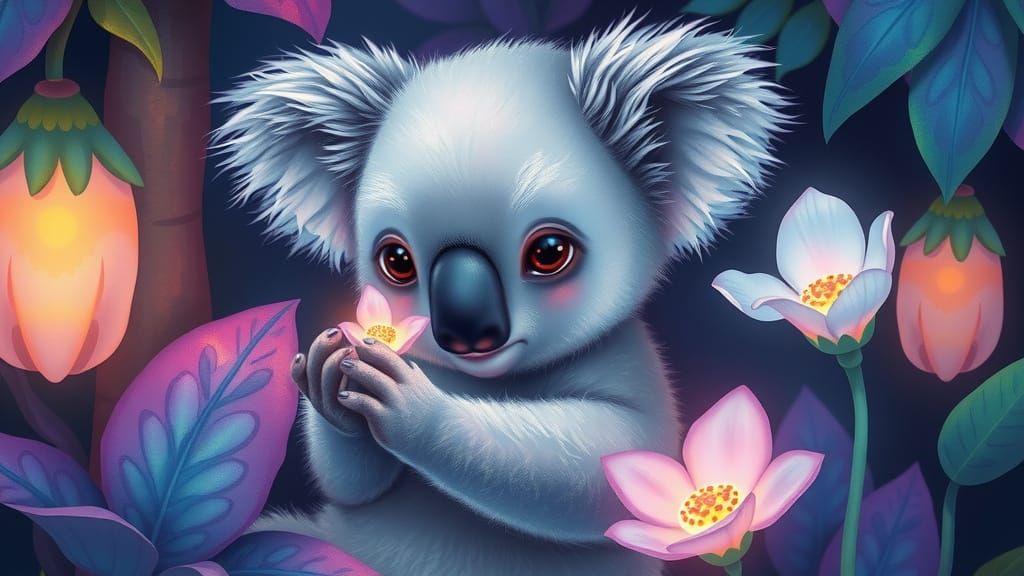 Whimsical Baby Koala in Enchanted Eucalyptus Garden
