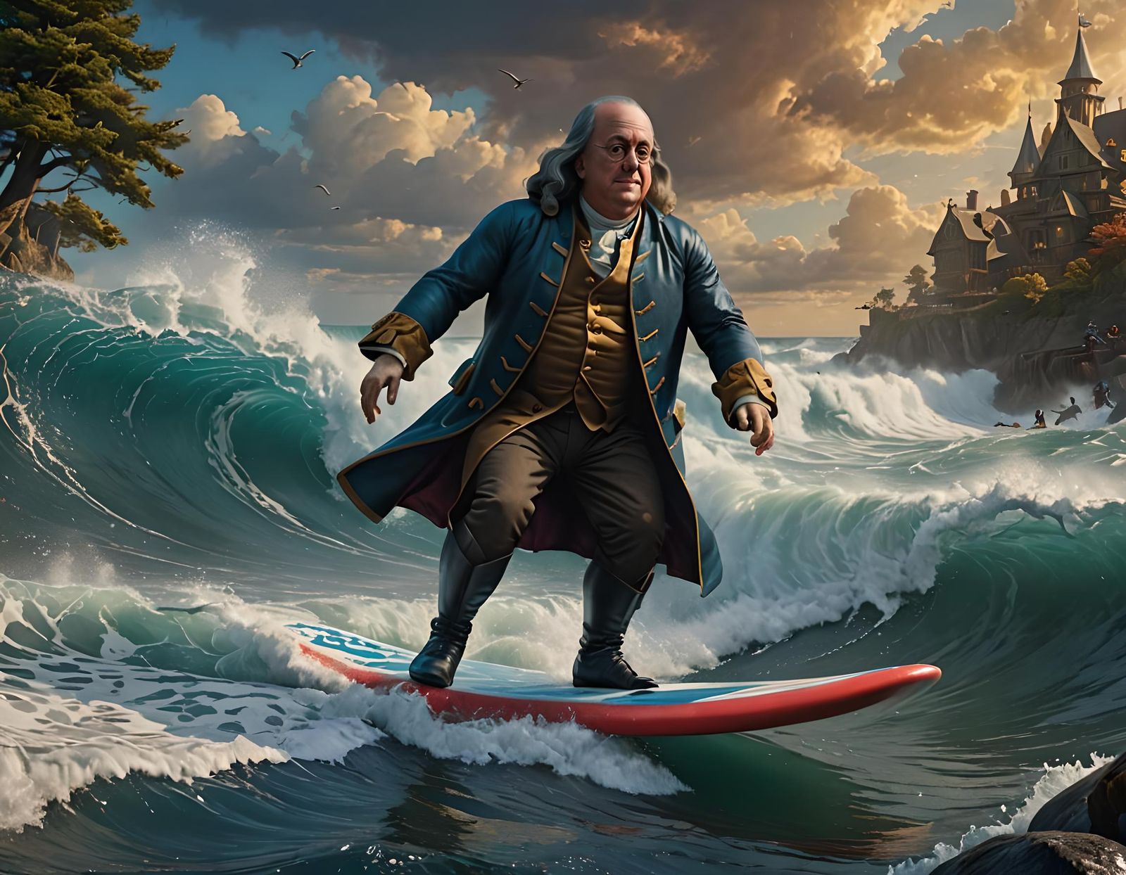 Benjamin Franklin Surfing in Detailed Fantasy Art