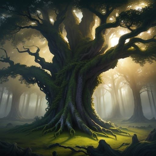 Ancient Tree in Ethereal Sunlight